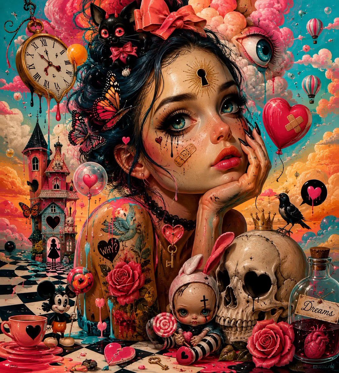 杰作级波普超现实主义奇幻肖像画：一位忧郁的年轻女子，拥有巨大而明亮的蓝色眼眸和瓷器般白皙的肌肤，手托着脸庞，沉思冥想。她身处一个梦幻般的世界，…, 图片 1