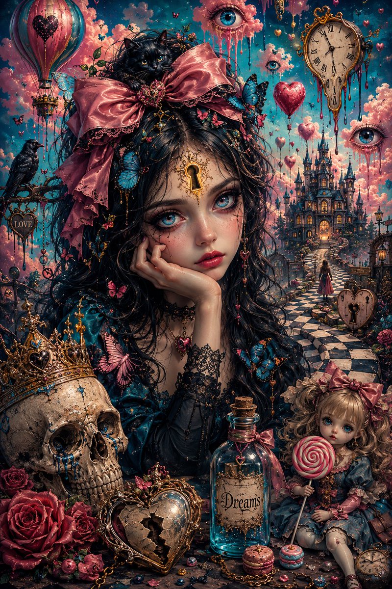 杰作级波普超现实主义奇幻肖像画：一位忧郁的年轻女子，拥有巨大而明亮的蓝色眼眸和瓷器般白皙的肌肤，手托着脸庞，沉思冥想。她身处一个梦幻般的世界，…, 图片 2