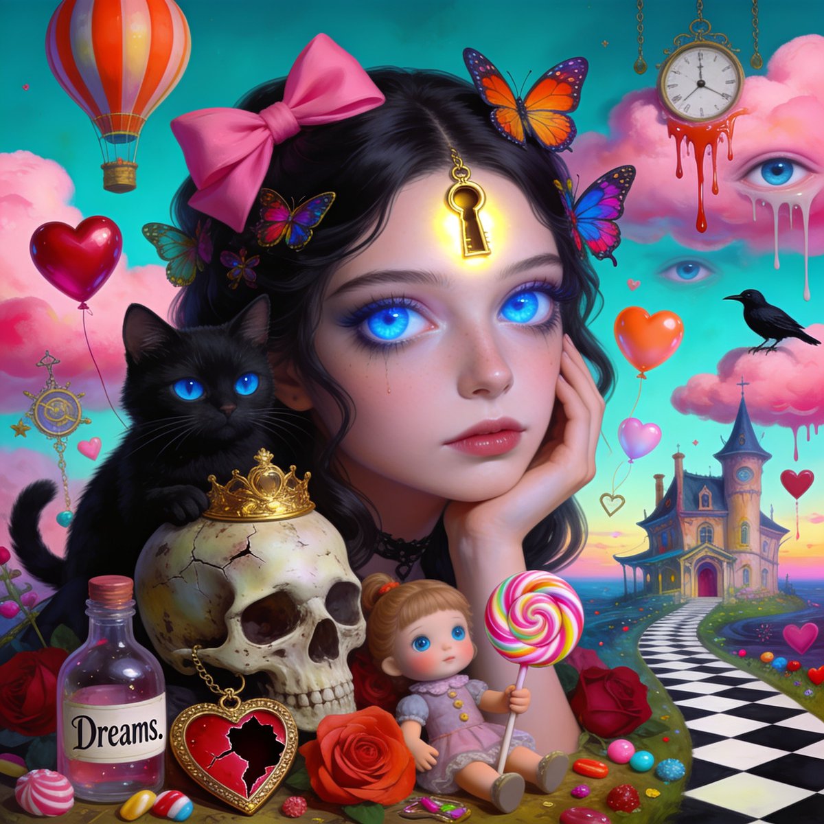 杰作级波普超现实主义奇幻肖像画：一位忧郁的年轻女子，拥有巨大而明亮的蓝色眼眸和瓷器般白皙的肌肤，手托着脸庞，沉思冥想。她身处一个梦幻般的世界，…, 图片 3