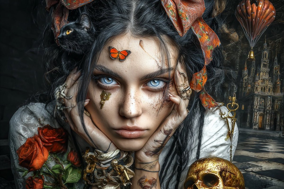 杰作级波普超现实主义奇幻肖像画：一位忧郁的年轻女子，拥有巨大而明亮的蓝色眼眸和瓷器般白皙的肌肤，手托着脸庞，沉思冥想。她身处一个梦幻般的世界，…, 图片 4