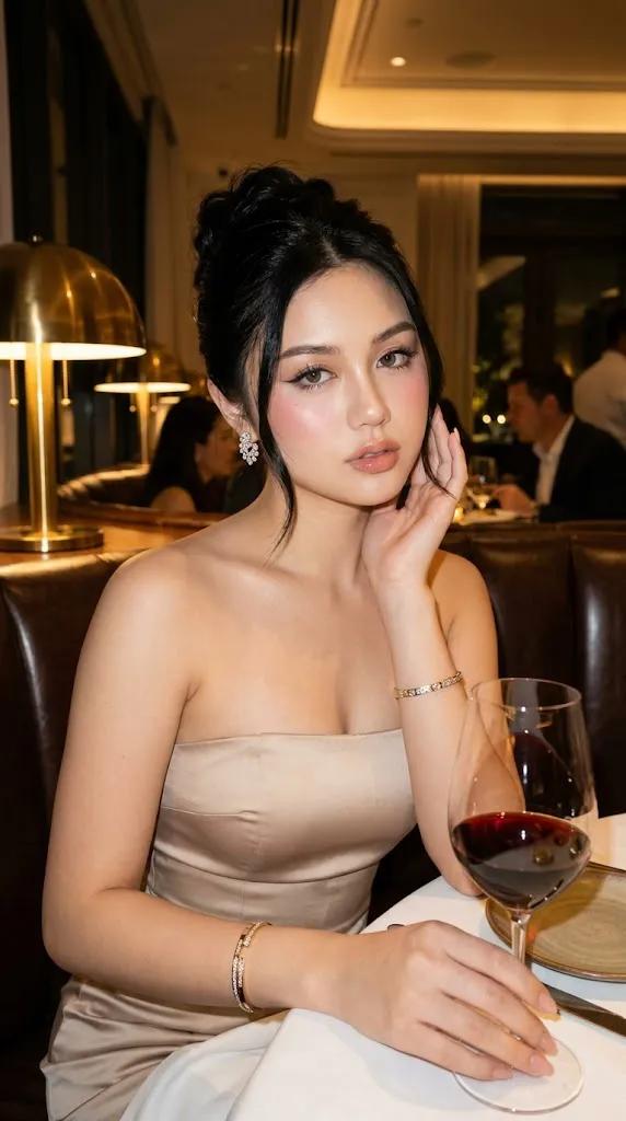 超现实优雅晚宴人像,一位女士坐在豪华餐厅的卡座里,气质高雅,瓷肌无瑕泛着自然光泽,精致的高发髻发型配以柔和的修饰脸型的发丝,妆容细腻,眼神灵动…, 图片 1