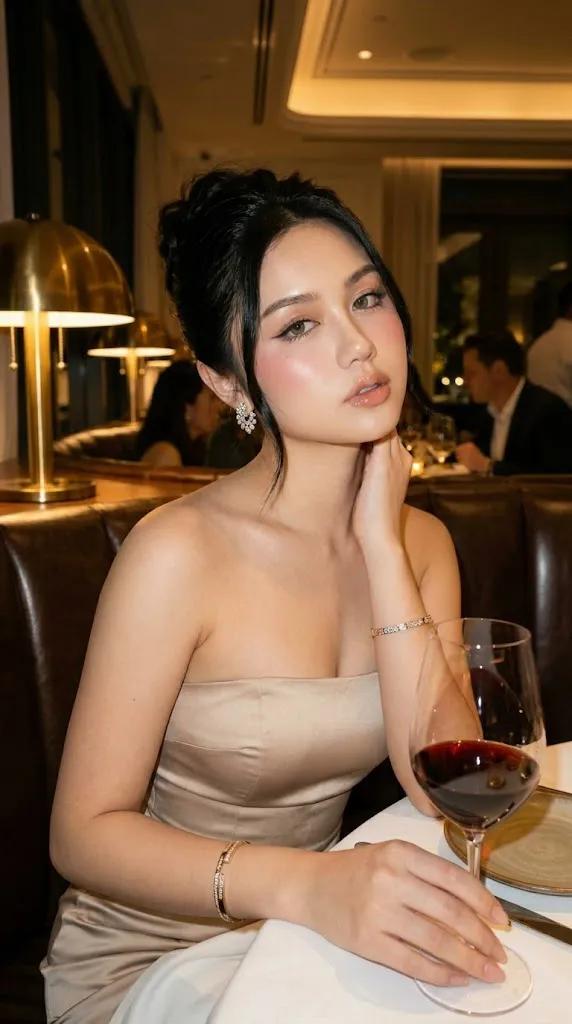 超现实优雅晚宴人像,一位女士坐在豪华餐厅的卡座里,气质高雅,瓷肌无瑕泛着自然光泽,精致的高发髻发型配以柔和的修饰脸型的发丝,妆容细腻,眼神灵动…, 图片 2