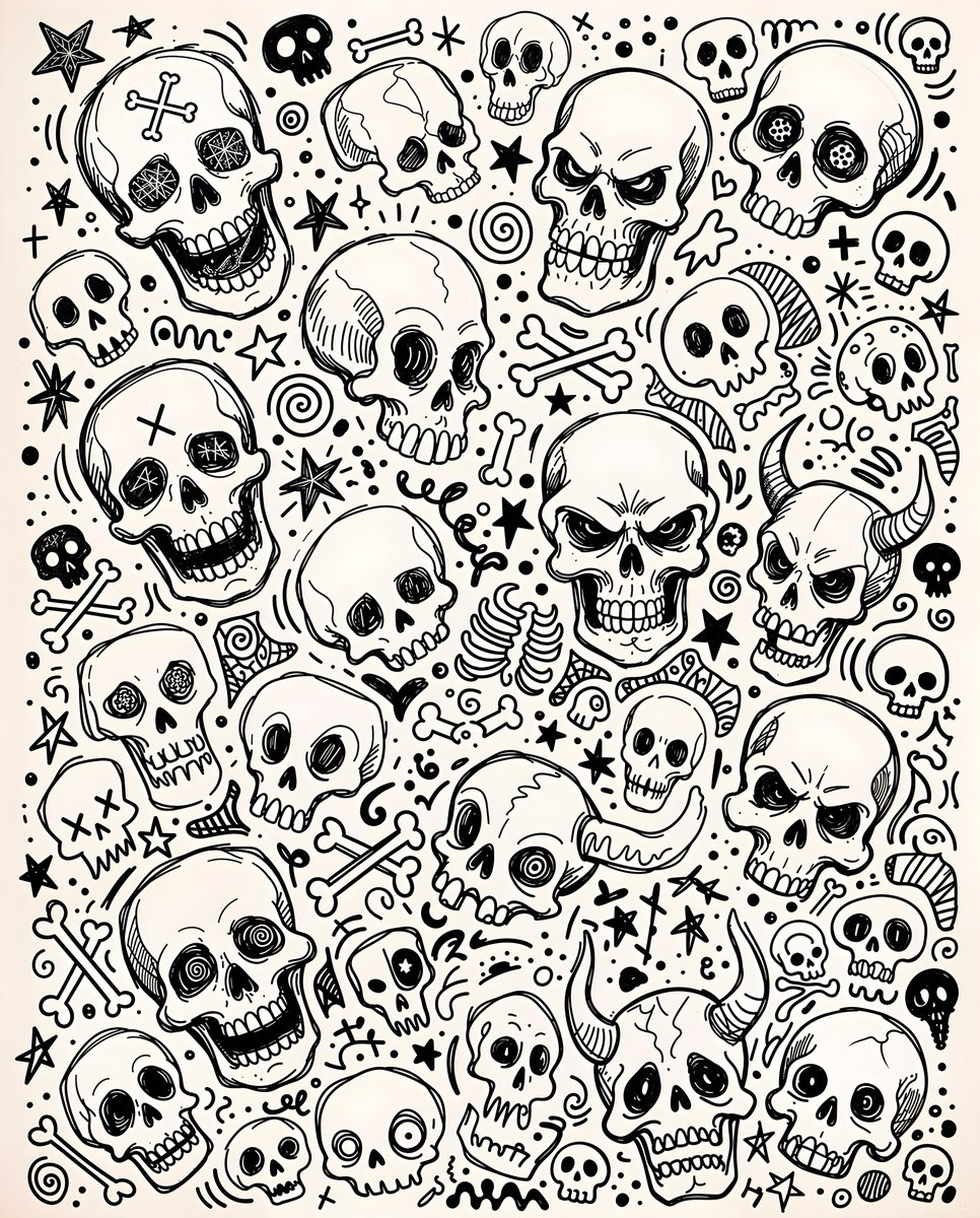 一幅黑白手绘涂鸦风格的插画,在白色背景上杂乱地排列着各种形状和大小的骷髅头。有些骷髅头是完整的,带有眼窝和牙齿,而其他则是碎片化或抽象的。骷髅…, 图片 1