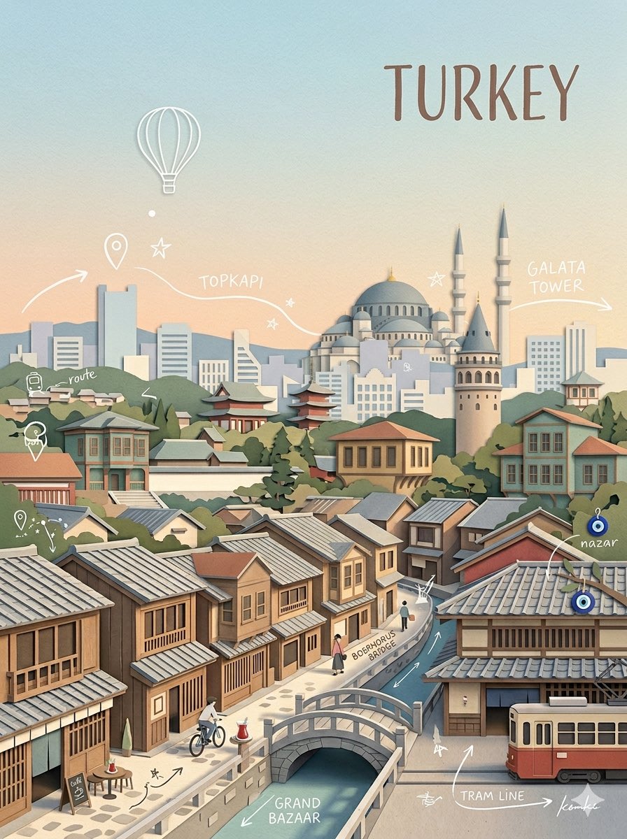创作一幅高品质商用级竖版 3:4 分层剪纸拼贴插画，主题为 [CITY]（[COUNTRY]），展现这座城市历史底蕴与当代都市身份和谐共生的面…, 图片 2