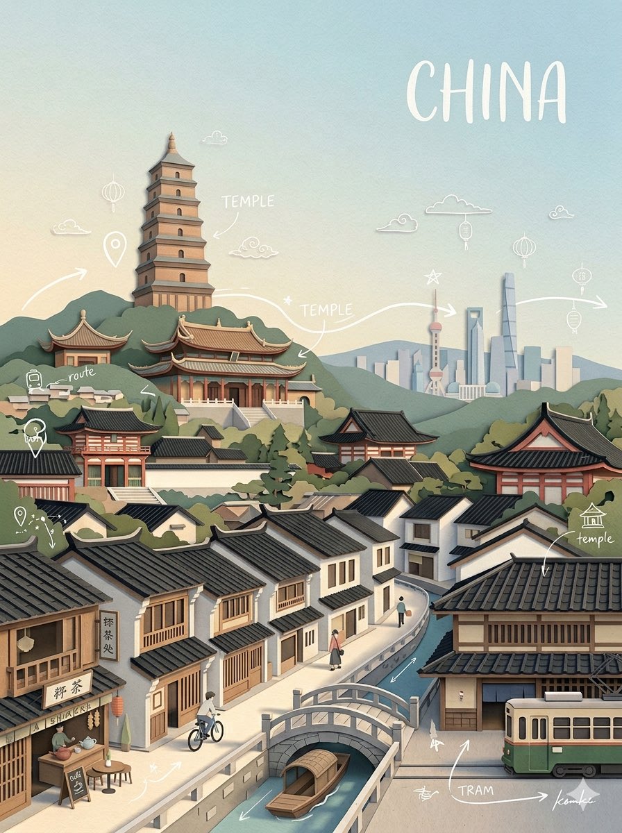 创作一幅高品质商用级竖版 3:4 分层剪纸拼贴插画，主题为 [CITY]（[COUNTRY]），展现这座城市历史底蕴与当代都市身份和谐共生的面…, 图片 4