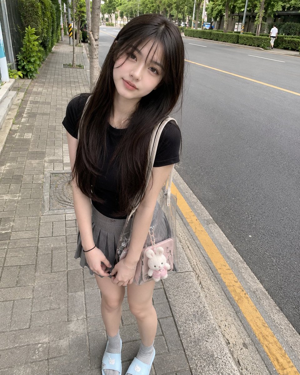 年轻的日本女孩，长直深棕色头发配柔和刘海，身着修身黑色T恤、灰色百褶迷你裙、灰色袜子与浅蓝色拖鞋，随意站在绿树成行的安静道路旁的人行道上。微微…, 图片 1