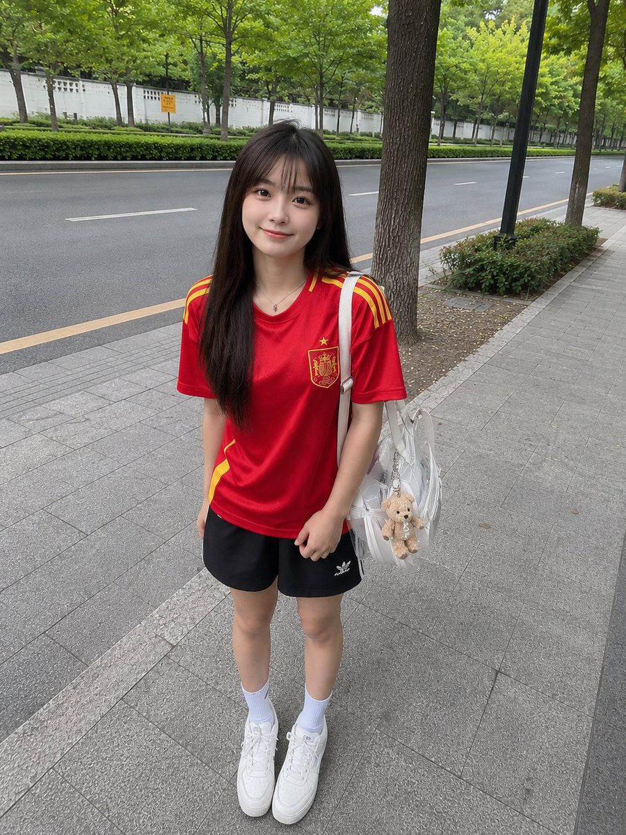 年轻的日本女孩,留着长直的深棕色头发和柔软的刘海,身穿红色西班牙国家足球队球衣、黑色运动短裤、白色中筒袜和白色运动鞋,悠闲地站在绿树成荫的安静…, 图片 1
