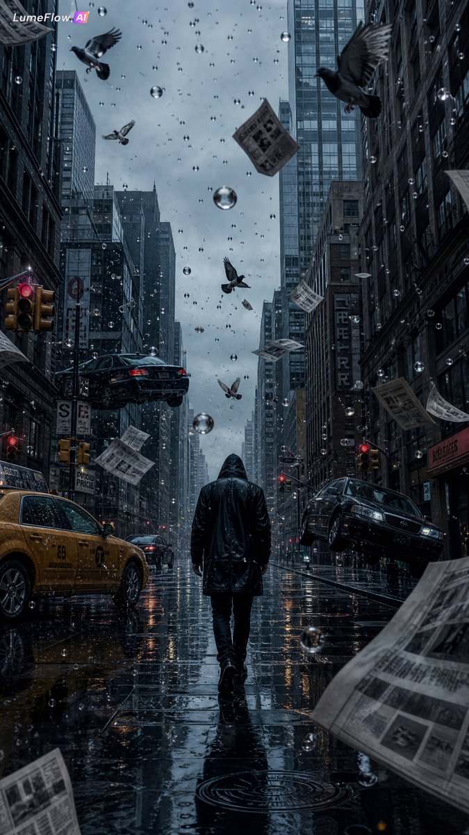 “一座时间完全静止的城市，电影感的都市街景，鸟儿冻结在半空，雨滴悬浮在空中，汽车停止在运动中，报纸漂浮着，一个神秘的身影穿过这座被冻结的城市，…, 图片 1
