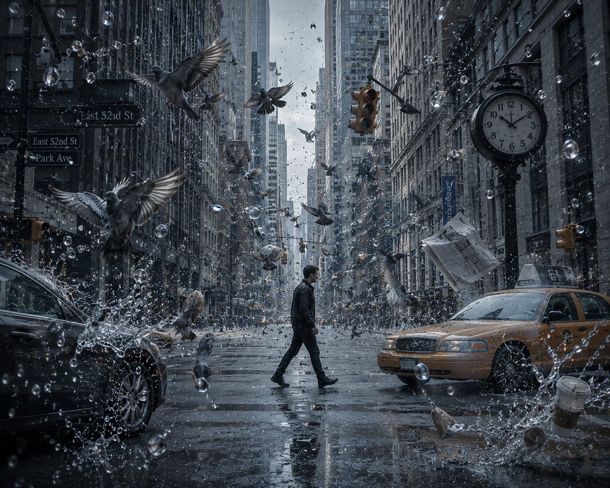 “一座时间完全静止的城市，电影感的都市街景，鸟儿冻结在半空，雨滴悬浮在空中，汽车停止在运动中，报纸漂浮着，一个神秘的身影穿过这座被冻结的城市，…, 图片 2