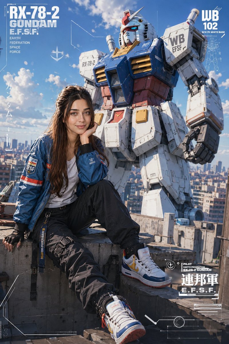 上传图片中的年轻女性，半写实动漫风格，全身时尚大片造型，随意坐在阳光照射的屋顶边缘，身着未来感蓝色飞行员夹克、白色T恤、黑色战术工装裤、半指手…, 图片 1