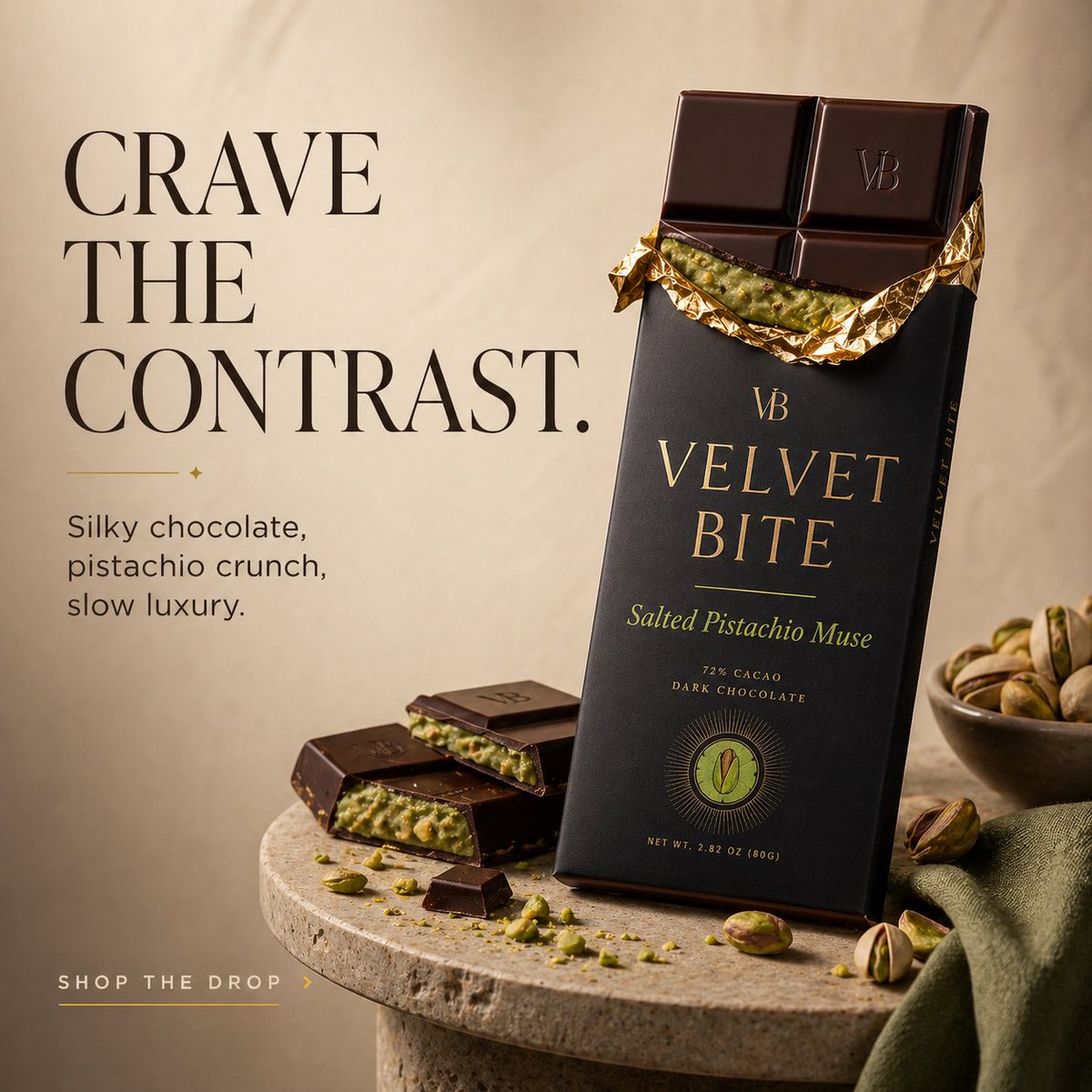 为虚构的高端奢华巧克力品牌 Velvet Bite 设计三张高级感方形产品广告。, 图片 2