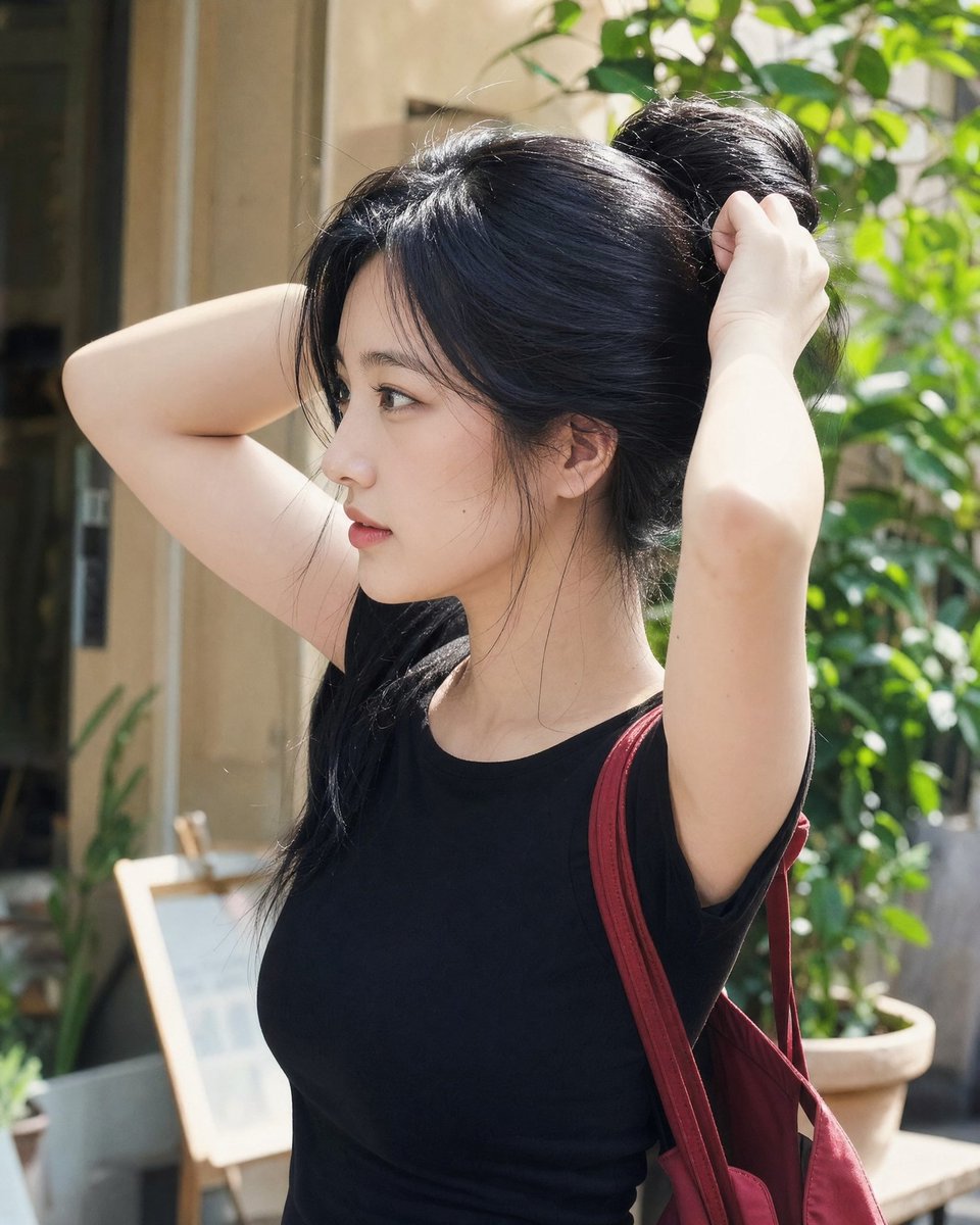 年轻的东亚女性,留着非常长而浓密的乌黑长发,在盘发的瞬间被以自然的侧脸抓拍,双手抬起将头发扎成发髻。柔和的阳光照亮她的脸庞与发丝,肌肤质感自然…, 图片 2