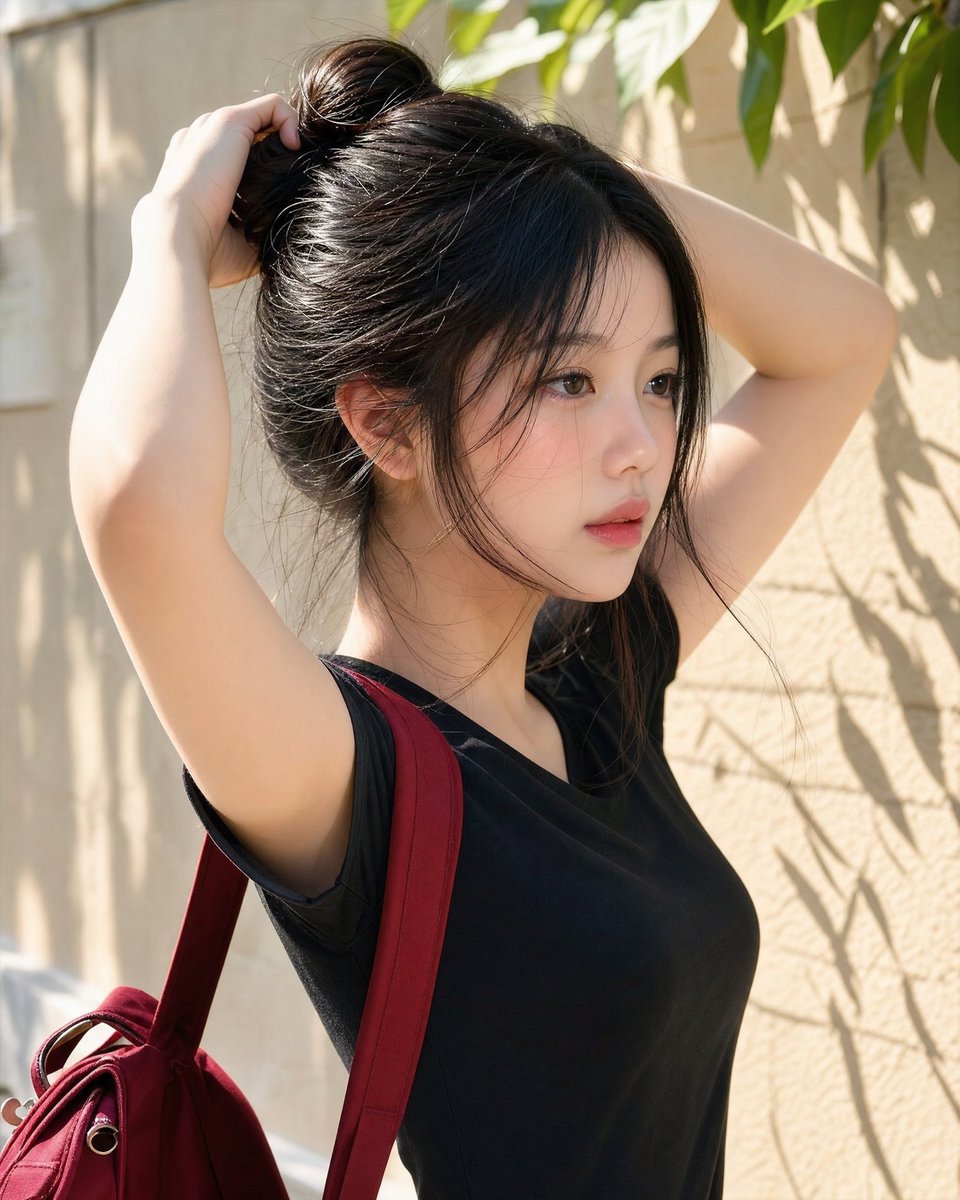 年轻的东亚女性,留着非常长而浓密的乌黑长发,在盘发的瞬间被以自然的侧脸抓拍,双手抬起将头发扎成发髻。柔和的阳光照亮她的脸庞与发丝,肌肤质感自然…, 图片 4