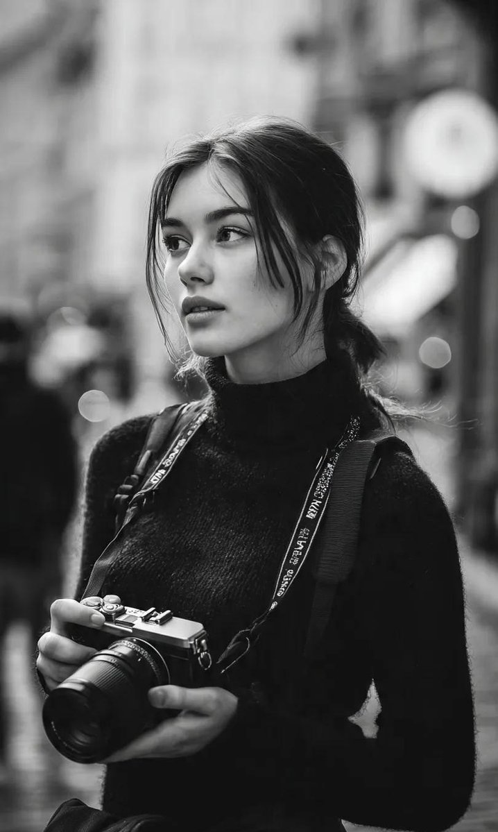 电影感的黑白城市人像肖像:一位年轻的女摄影师站在城市人行道上,双手握着一台无反相机。妆容精致自然,眼神锐利有神,深色头发松散扎起,几缕碎发垂落…, 图片 1