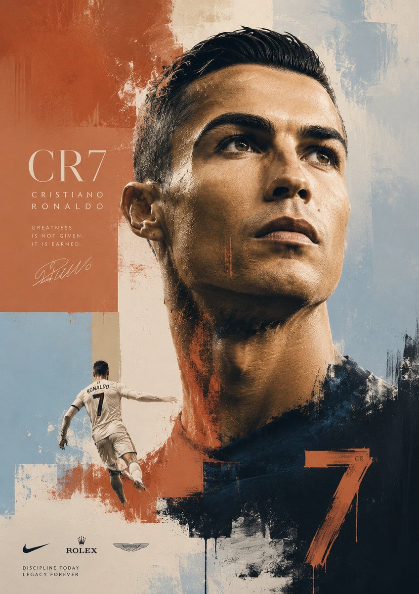 创作一张标志性的克里斯蒂亚诺·罗纳尔多(Cristiano Ronaldo)海报,灵感源自现代美术、奢侈品时尚大片以及大型当代绘画作品。整体构…, 图片 1