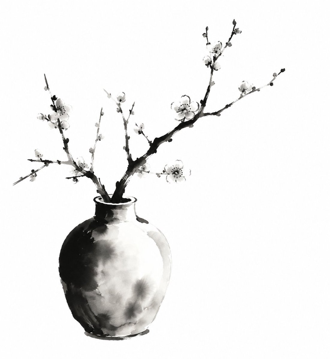 对中国传统水墨画中"花瓶插梅"的诠释，表现性的黑色墨色笔触，柔和的渐变，诗意的简约，极简的构图，大面积留白，营造出宁静优雅的氛围，自然的墨色晕…, 图片 1