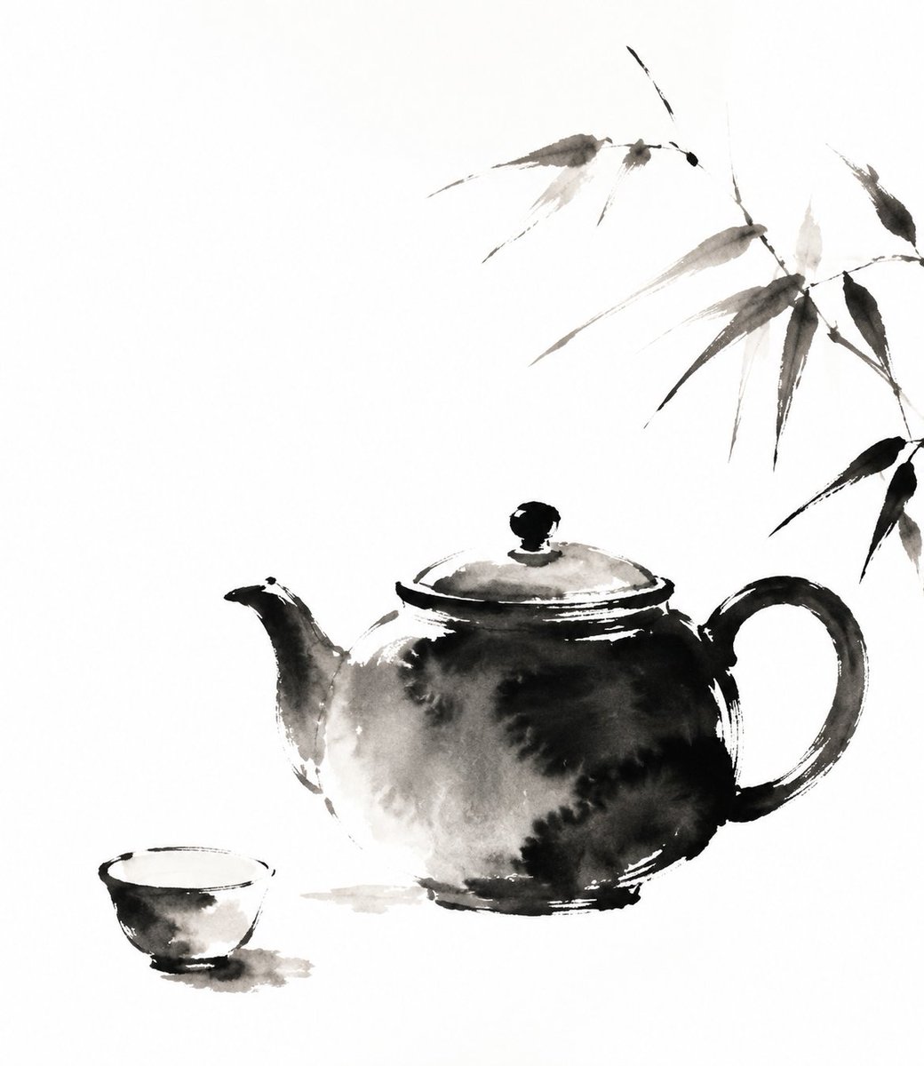 茶壶的传统中国水墨写意诠释,富有表现力的黑色墨水笔触,柔和的渐变,诗意的简约,极简主义的构图,大面积留白,含蓄…, 图片 1