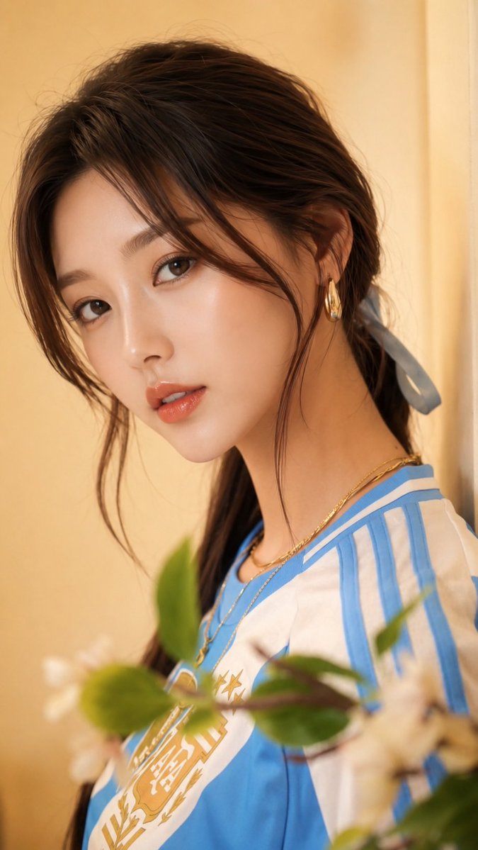 一位美丽年轻东亚女性的超写实特写肖像，淡雅的裸妆，水蜜桃色亮泽唇彩，肌肤清透焕亮，大而有神的双眸，面部线条精致，深棕色头发用浅蓝色缎带扎成低马…, 图片 1