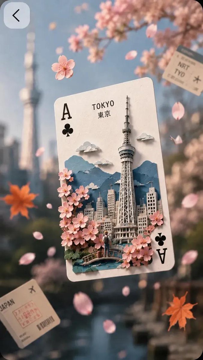 灵感源自日本的超精细奇幻旅行海报，以一张漂浮的黑桃J扑克牌为主体，化为一座精致繁复的3D剪纸立体场景。卡片上以日文汉字标注“HAKONE”（箱…, 图片 1