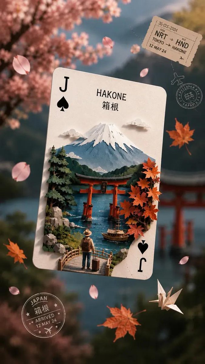 灵感源自日本的超精细奇幻旅行海报，以一张漂浮的黑桃J扑克牌为主体，化为一座精致繁复的3D剪纸立体场景。卡片上以日文汉字标注“HAKONE”（箱…, 图片 2
