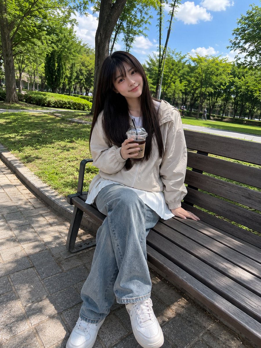 美丽的年轻日本女孩，长直深棕色头发配柔软饱满的齐刘海，白皙肌肤，灿烂自然的笑容，随意地坐在公园木制长椅上，手中拿着一杯冰咖啡。身穿浅米色防风夹…, 图片 1