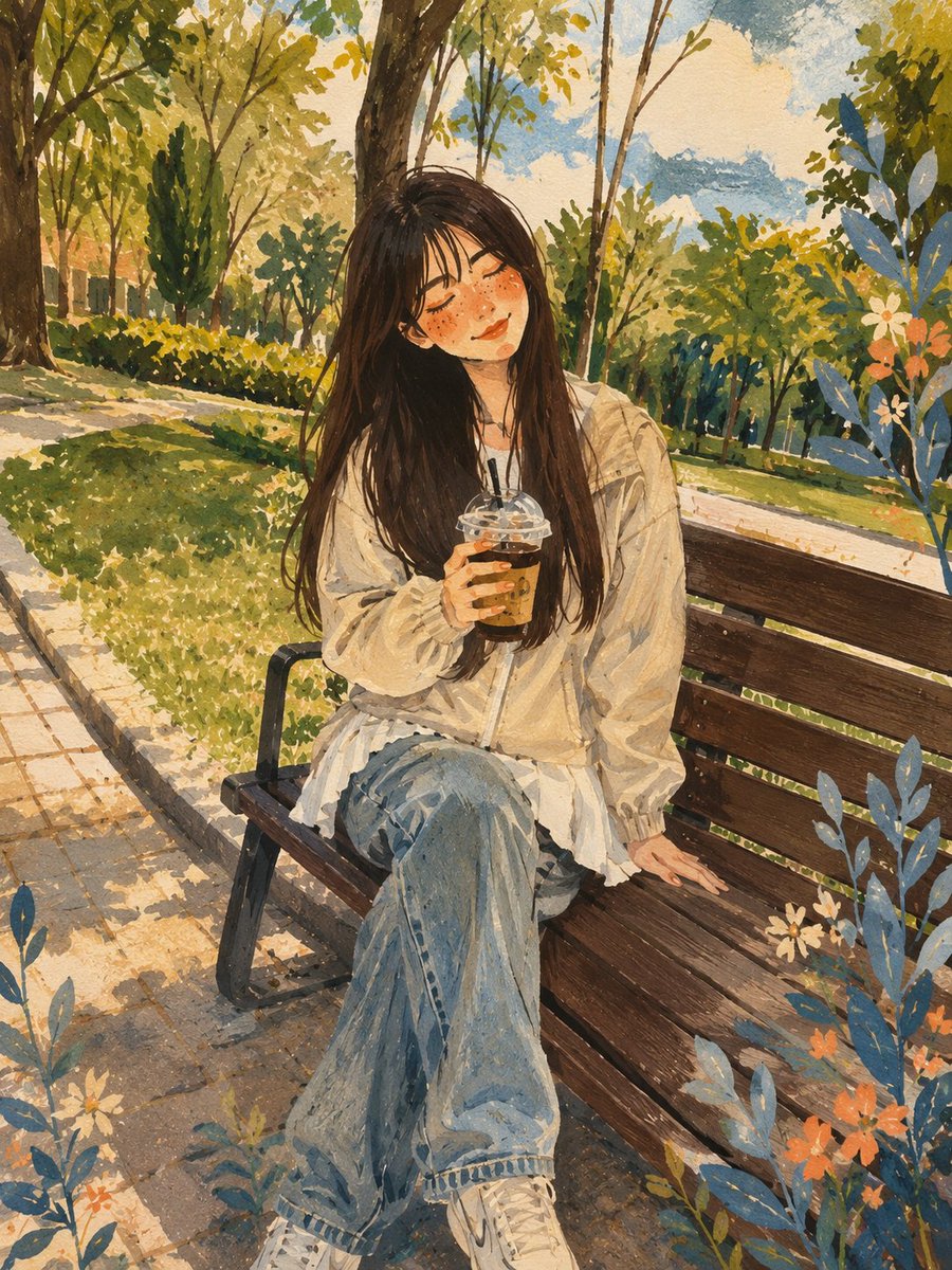 美丽的年轻日本女孩，长直深棕色头发配柔软饱满的齐刘海，白皙肌肤，灿烂自然的笑容，随意地坐在公园木制长椅上，手中拿着一杯冰咖啡。身穿浅米色防风夹…, 图片 2
