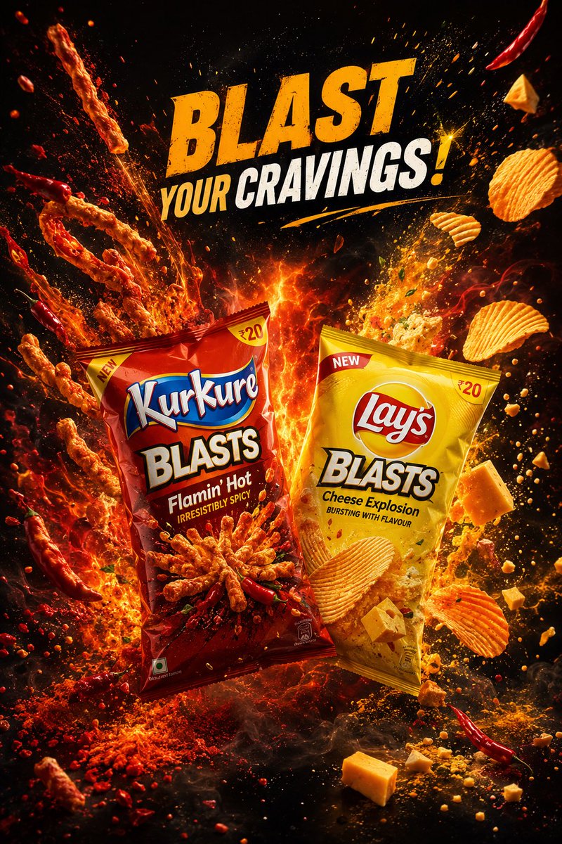 超高端零食广告海报，主打产品为 Kurkure Blasts 和 Lay's Blasts，薯片袋中迸发动态风味爆炸，酥脆薯片和松脆零食碎片定…, 图片 1