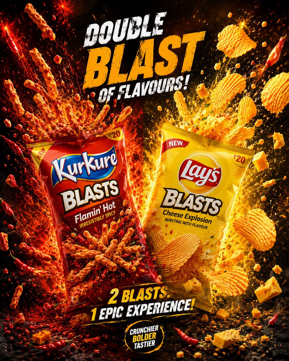 超高端零食广告海报，主打产品为 Kurkure Blasts 和 Lay's Blasts，薯片袋中迸发动态风味爆炸，酥脆薯片和松脆零食碎片定…, 图片 2