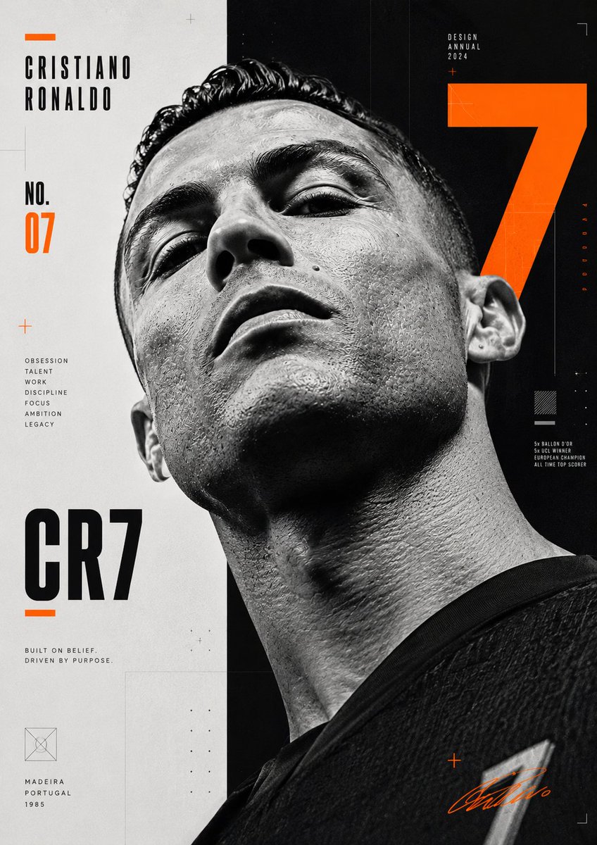 制作一张高度图形化的克里斯蒂亚诺·罗纳尔多(Cristiano Ronaldo)海报,几乎完全采用单色调。肖像应以极高的细节与对比度拍摄,占据…, 图片 2