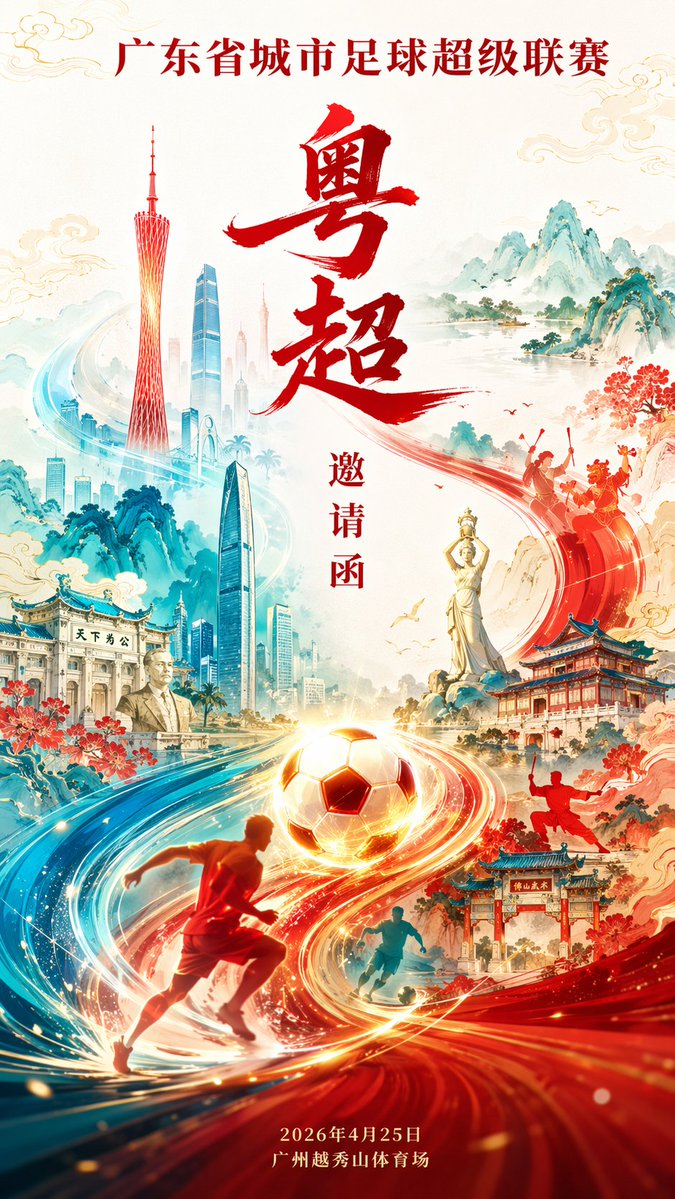 设计一张9:16的广东省城市足球超级联赛邀请海报。采用S形流动布局,以一颗发光的足球和流动的能量线条作为视觉锚点。沿S形动线融入广东标志性建筑…, 图片 1