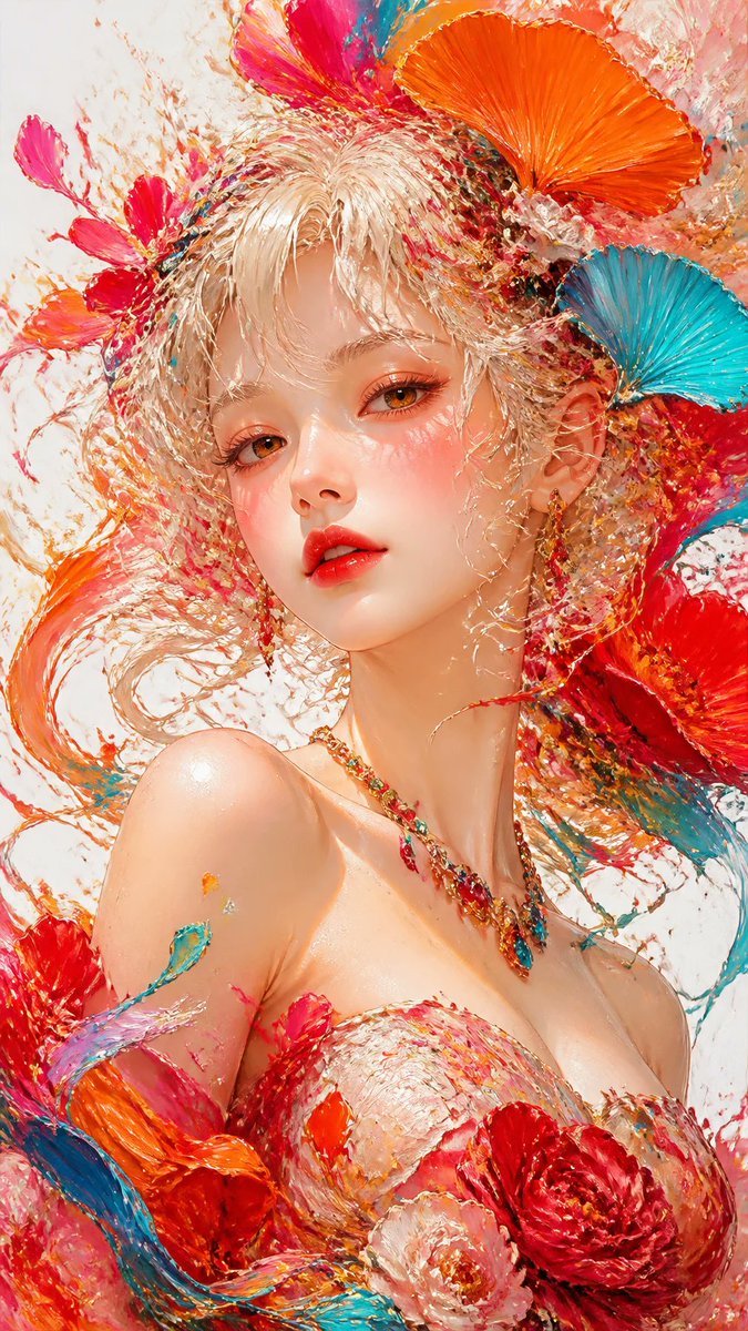 杰作,最佳质量,8K超精细,厚涂油画,泼溅颜料质感,美丽年轻东亚少女的特写半身肖像,柔软蓬松的浅金色凌乱卷发……, 图片 1