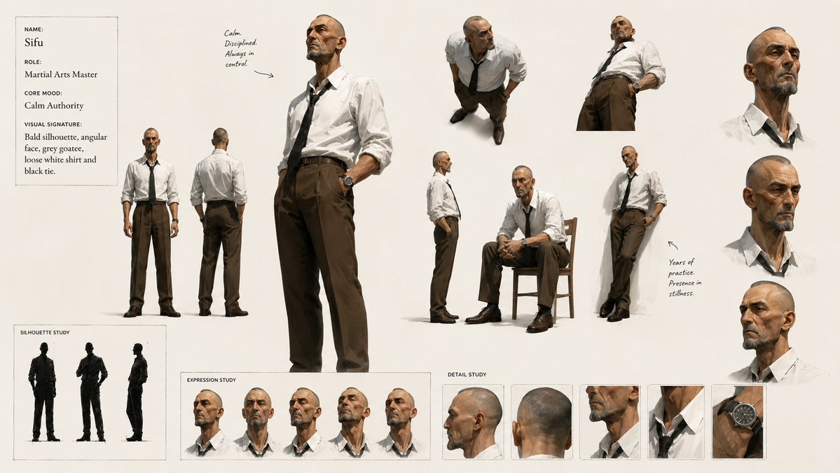 Create a 16:9 restrained formal stylized-3D martial-arts duel storyboar…, 图片 1