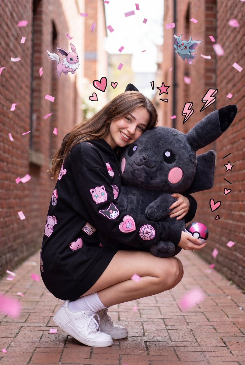 一张超现实的全身近景肖像:一位可爱的年轻女子蹲坐在一条狭窄的城市小巷中,怀抱着一个巨大的、毛茸茸的粉色调皮卡丘风格毛绒玩偶。她身穿一件超大号的…, 图片 1