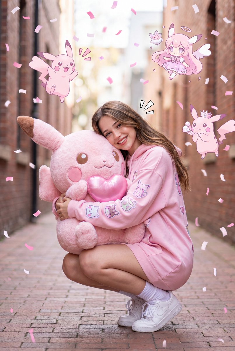 一张超现实的全身近景肖像:一位可爱的年轻女子蹲坐在一条狭窄的城市小巷中,怀抱着一个巨大的、毛茸茸的粉色调皮卡丘风格毛绒玩偶。她身穿一件超大号的…, 图片 2