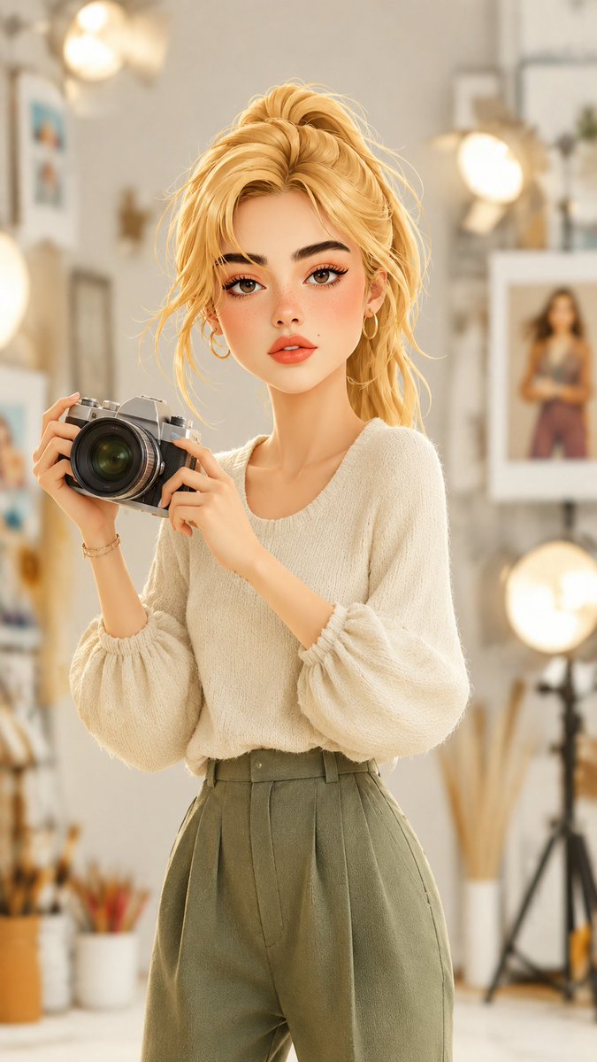 可爱的3D卡通女孩摄影师站在一个温馨的摄影工作室里，手持一台复古相机，脸部灵感来源于一位美丽的金发女孩，有着柔和的雀斑、棕色眼睛、细致的眉毛……, 图片 1