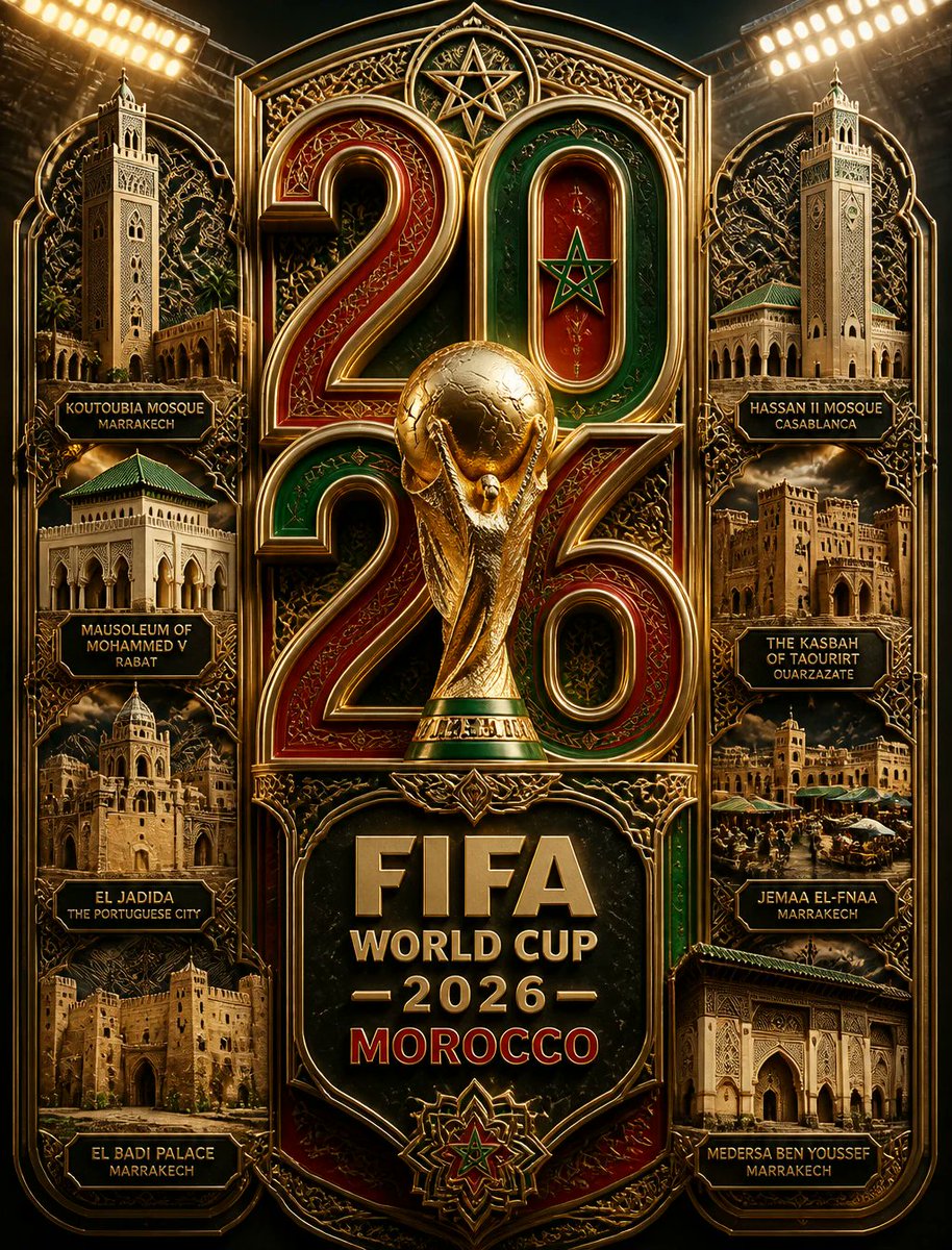 超精细奢华3D国际足联2026摩洛哥世界杯海报。巨大的分层"2026"字样主导整个画面,由相互交织的金属丝带和雕刻般的建筑fr……构成……, 图片 1