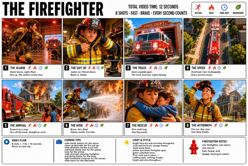 “为《消防员》(THE FIREFIGHTER) 制作一张清晰、干净的信息图式故事板海报。宽幅 16:9 布局，白色背景，黑色边框，醒目的黑色…, 图片 1