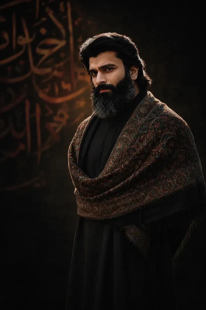 创作一幅超现实主义的电影感人像肖像，画面中是一位美丽的穆斯林女性，身着飘逸的黑色长袍（abaya）并搭配同色系的黑色头巾（hijab），肩上优…, 图片 1