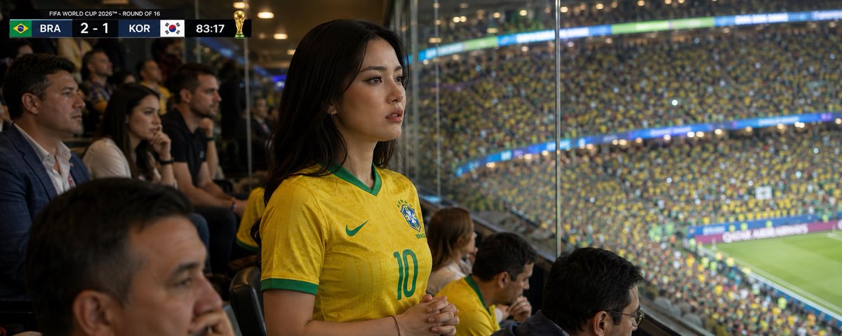 写实的FIFA世界杯2026电视转播反应镜头，拍摄于球场上方的独家招待套房内。使用附带的参考图像作为面部身份的唯一来源，保留她的精确面部、肤色…, 图片 4