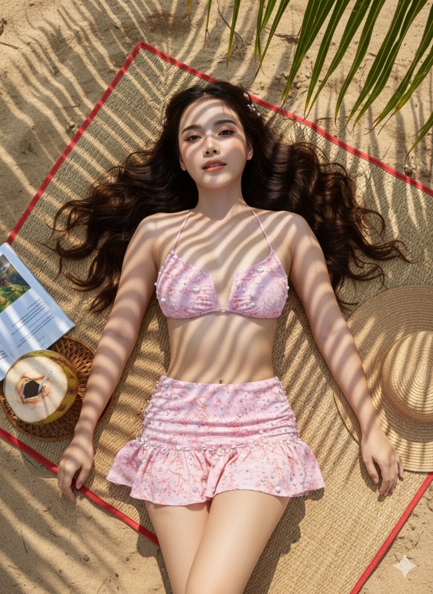 一张照片级真实感的自上而下平铺式人像照：一位女性躺在热带海滩上的编织沙滩垫上，身旁是一棵高大的棕榈树。她身穿一件腮红粉色的比基尼，搭配带有珊瑚…, 图片 1