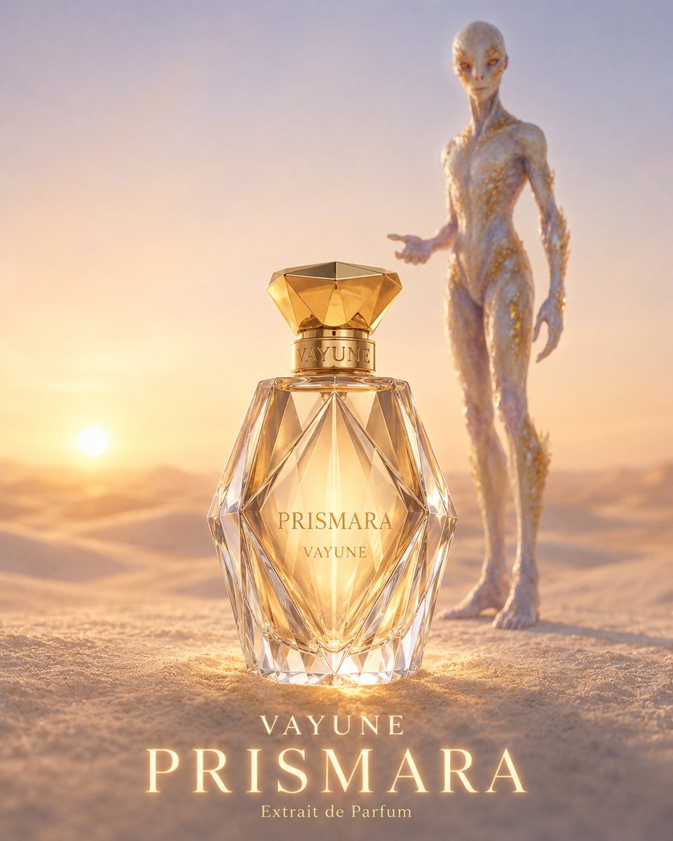 奢华香水广告。产品占据前景：VAYUNE 旗下 PRISMARA，一款切面水晶玻璃香水瓶，配金色瓶盖，在画面中下部居中，约占画面高度 45%，…, 图片 1