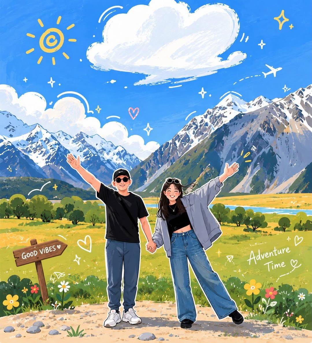 将上传的旅行照片转变成一幅迷人的手绘动漫插画，同时完美保留原始的姿势、构图、服装、手牵手的手势、山地景观和相机角度。可爱情侣并肩站立，双臂高举…, 图片 1
