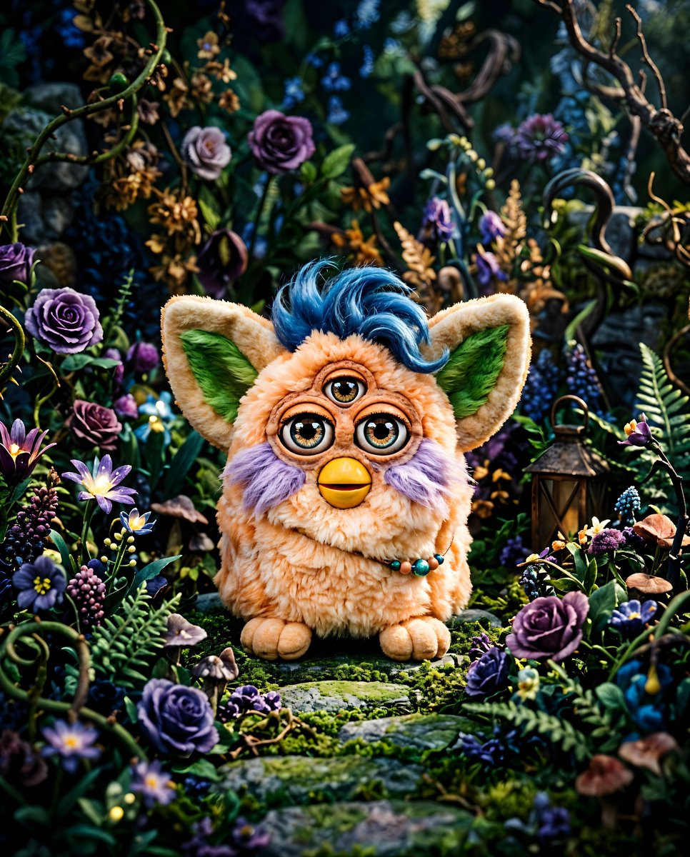 一只橙白色、毛茸茸、三只眼睛的Furby玩偶,大而精细的眼睛,黄色的喙,居中放置在盛开的花园背景前。Furby头顶有一簇簇蓝色毛发,脸部周围有…, 图片 1