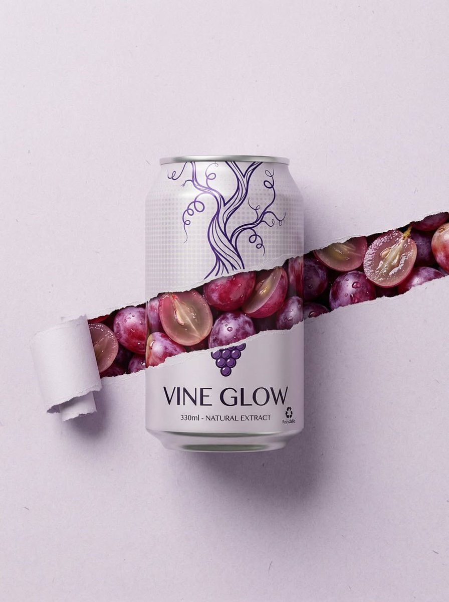 产品摄影:一只330毫升的铝罐,名为"VINE GLOW – Natural Extract",居中放置在干净的浅灰色影棚背景前。罐身装饰有精…, 图片 1