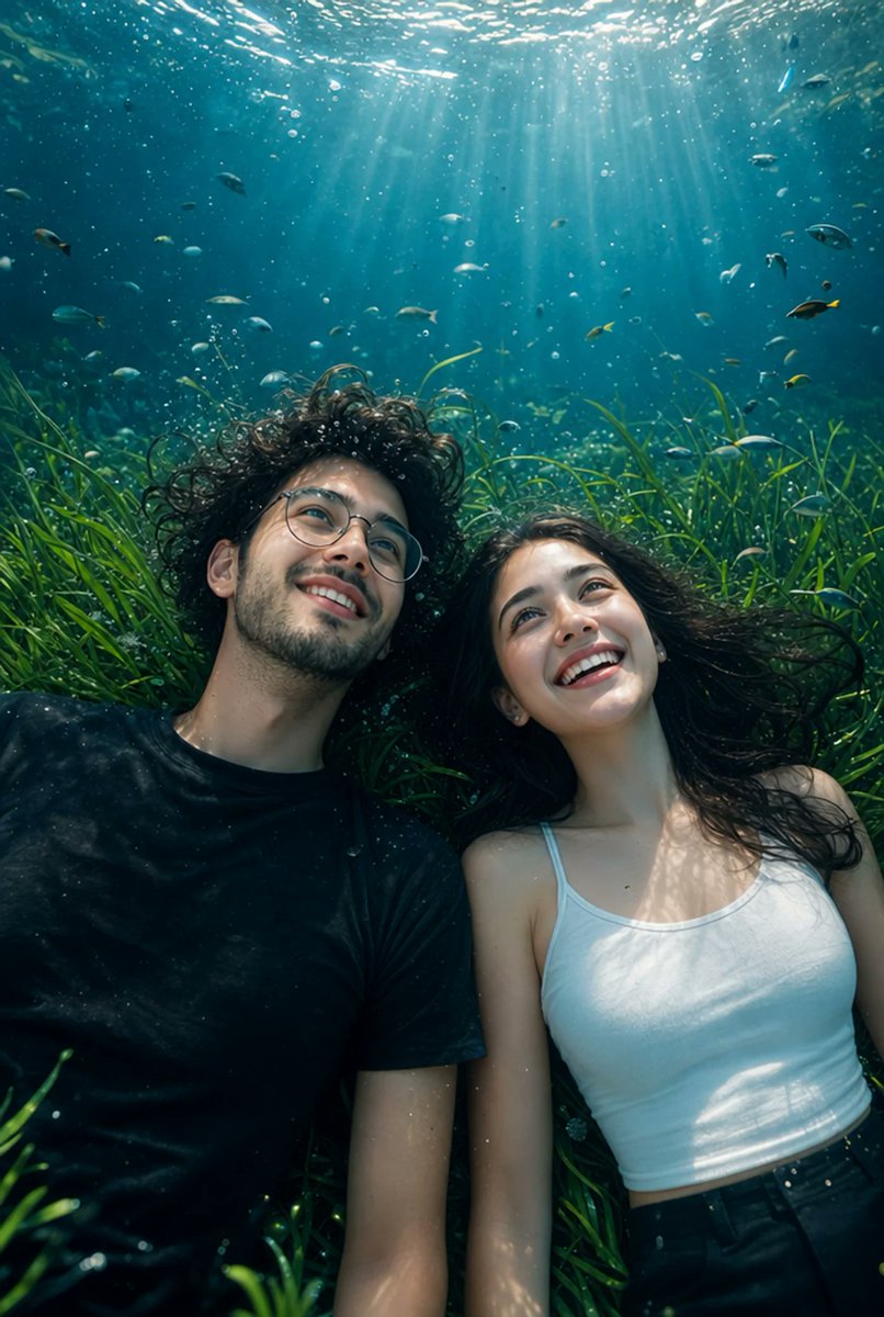 超写实 IMAX 级 Netflix 风格水下奇幻浪漫人像,9:16 竖版构图,一对快乐的年轻情侣并肩躺在郁郁葱葱的水下草地上,草地覆盖着鲜艳…, 图片 1
