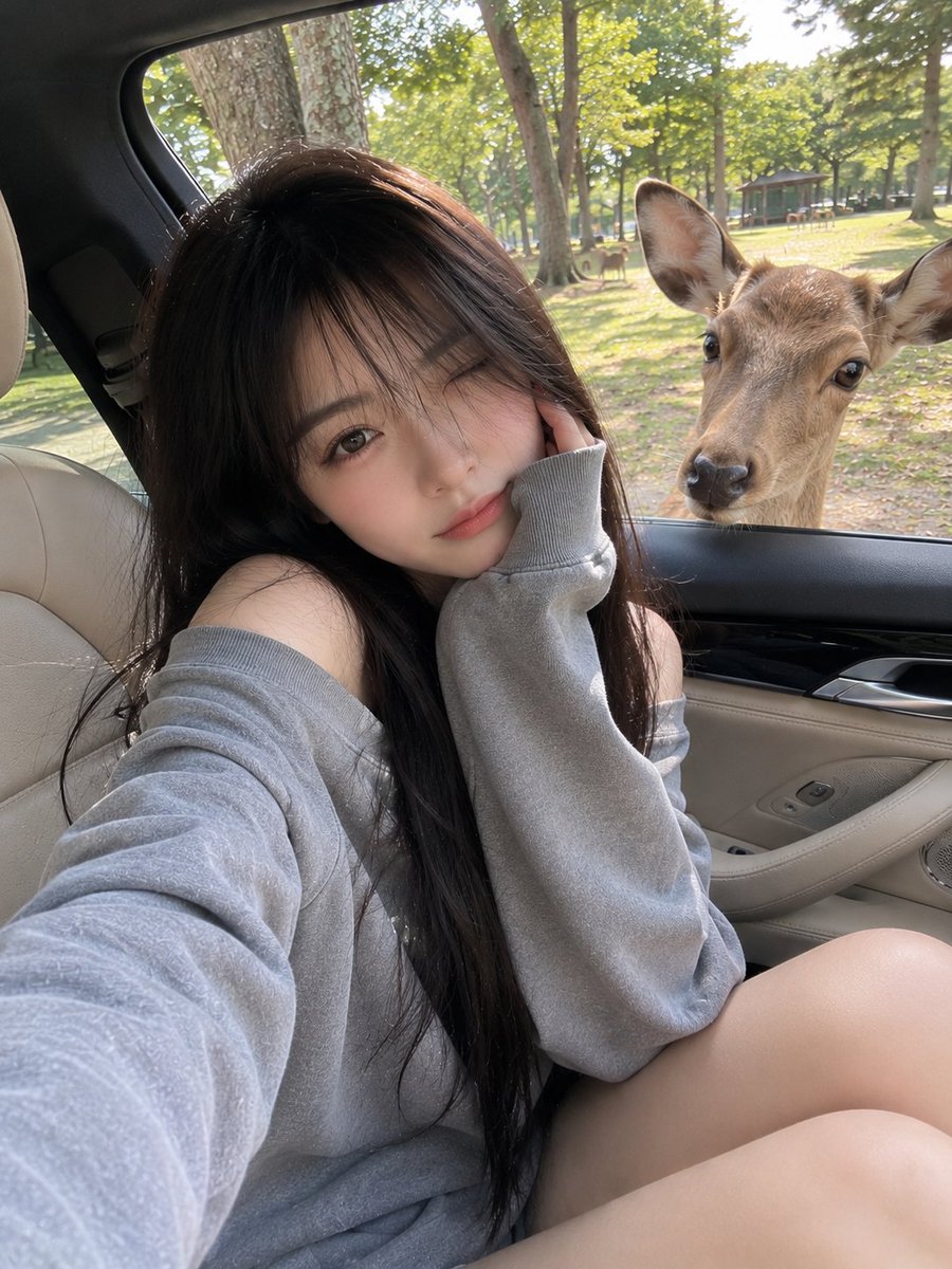 一位年轻的日本女孩，留着柔顺的黑色长发和柔和的碎刘海，随意地坐在一辆米色真皮内饰的豪华汽车前排副驾驶座上，身穿一件宽松的灰色露肩运动衫。自然的…, 图片 1