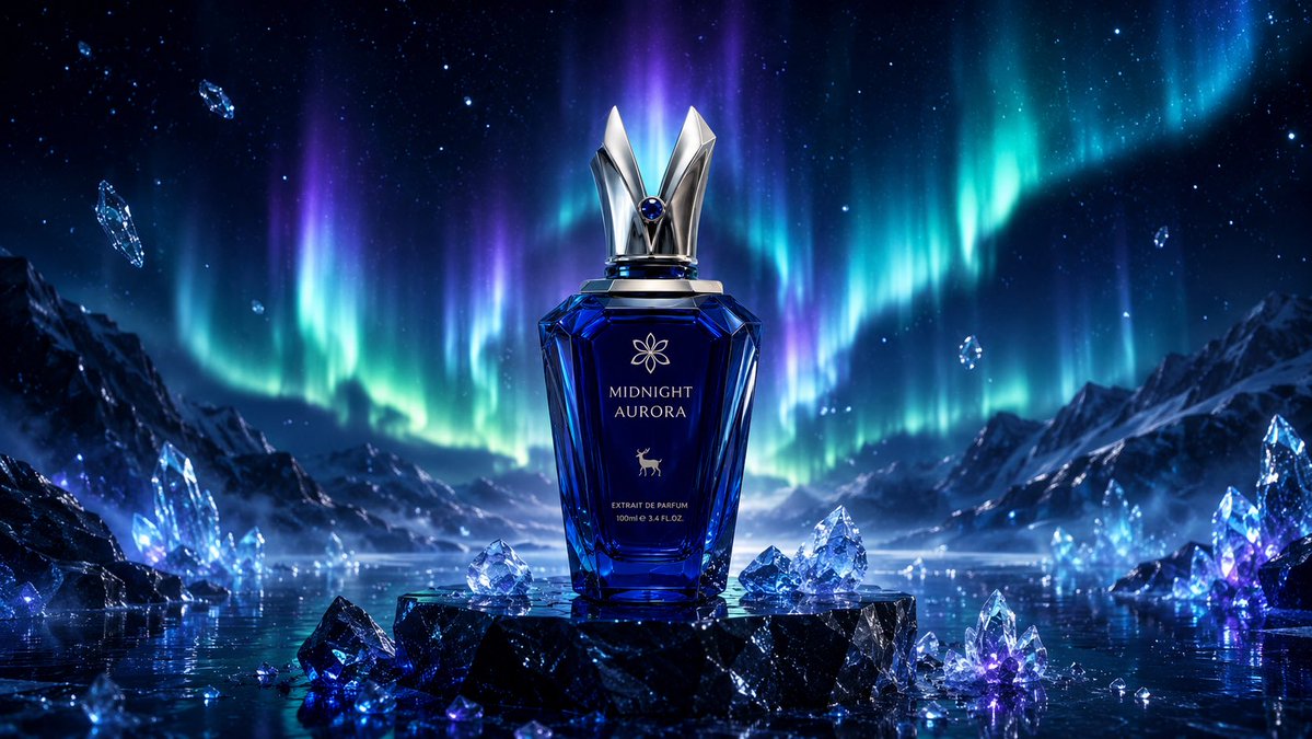以竖版构图创建一个超高端奢华的产品摄影场景，主推一款名为“MIDNIGHT AURORA”的虚构小众香水。, 图片 1