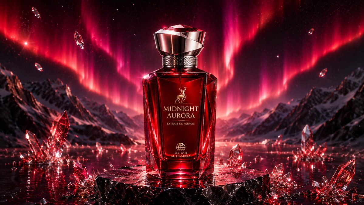 以竖版构图创建一个超高端奢华的产品摄影场景，主推一款名为“MIDNIGHT AURORA”的虚构小众香水。, 图片 2