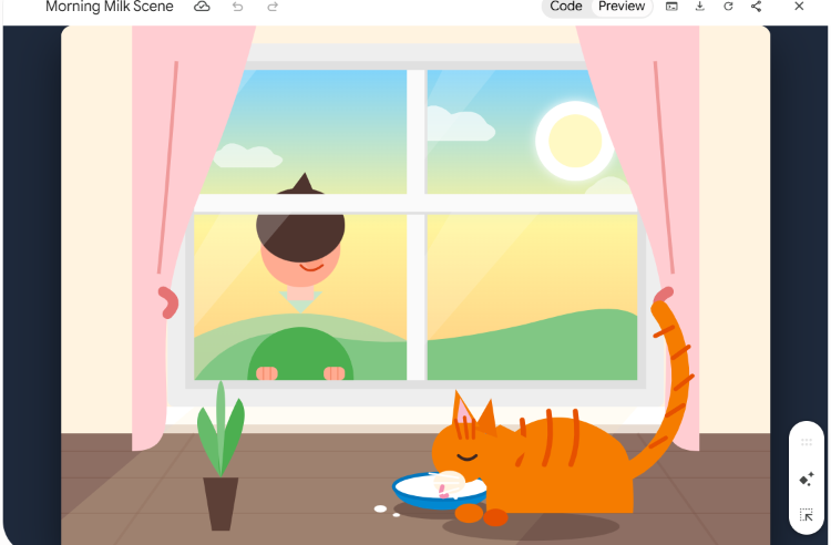 "create an svg of a cat drinking milk in morning close to a window and a boy is…