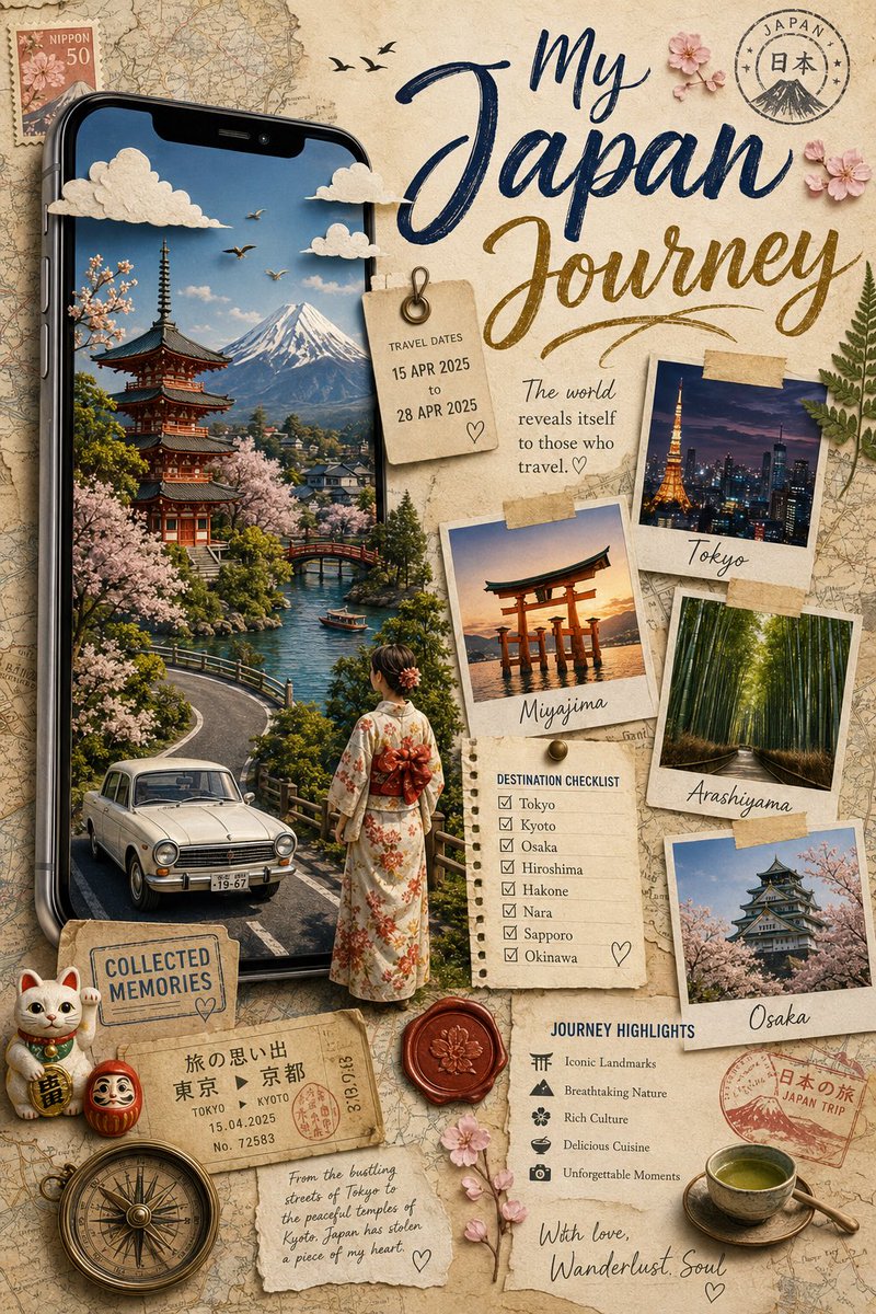 创建一个高级旅行剪贴簿海报,采用纵向 4:5 比例,优雅的 Pinterest 风格旅行回忆拼贴画。一部巨大的逼真智能手机立在左侧,其屏幕上浮…, 图片 4